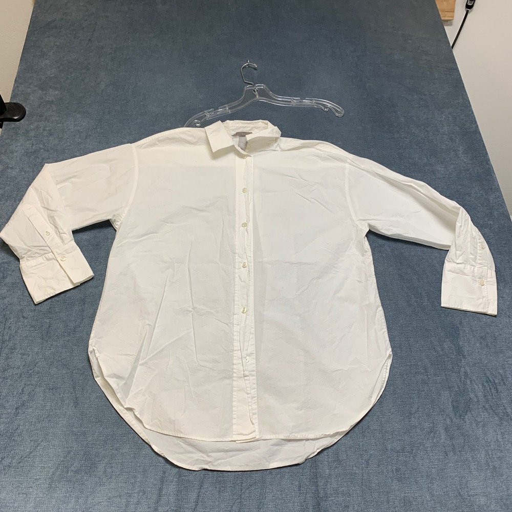 H&M Shirt Womens Small White Cotton Chest Pockets Formal Wear Business Round Hem